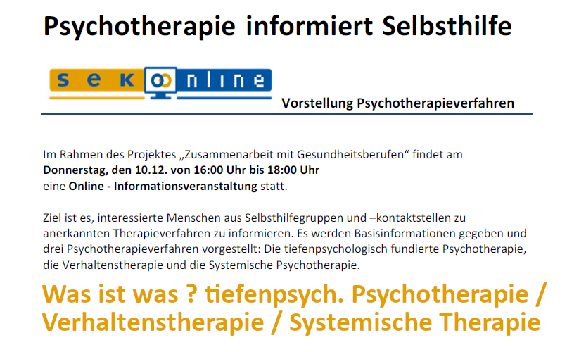 Online-Veranstaltung: Basiswissen zu verschiedenen Psychotherapieverfahren am 10.12.2020